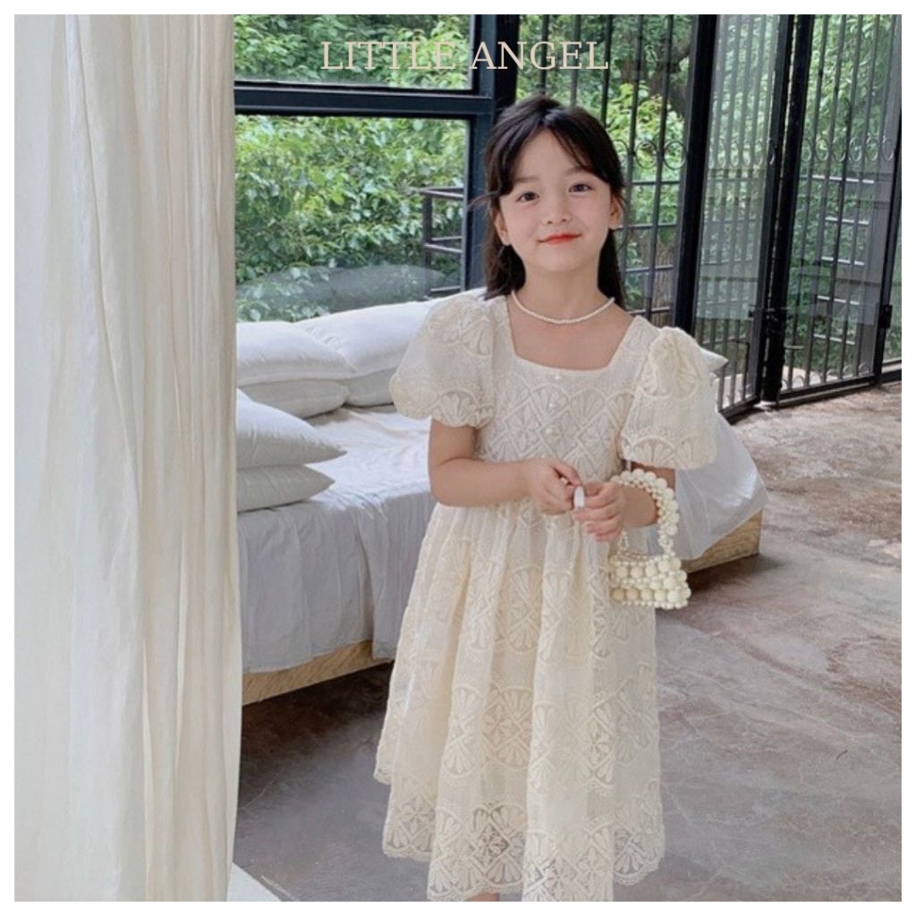 Váy đầm thiết kế tiểu thư cho bé gái hoạ tiết vải ren phối hạt cườm xinh xắn dễ thương size 10-40kg