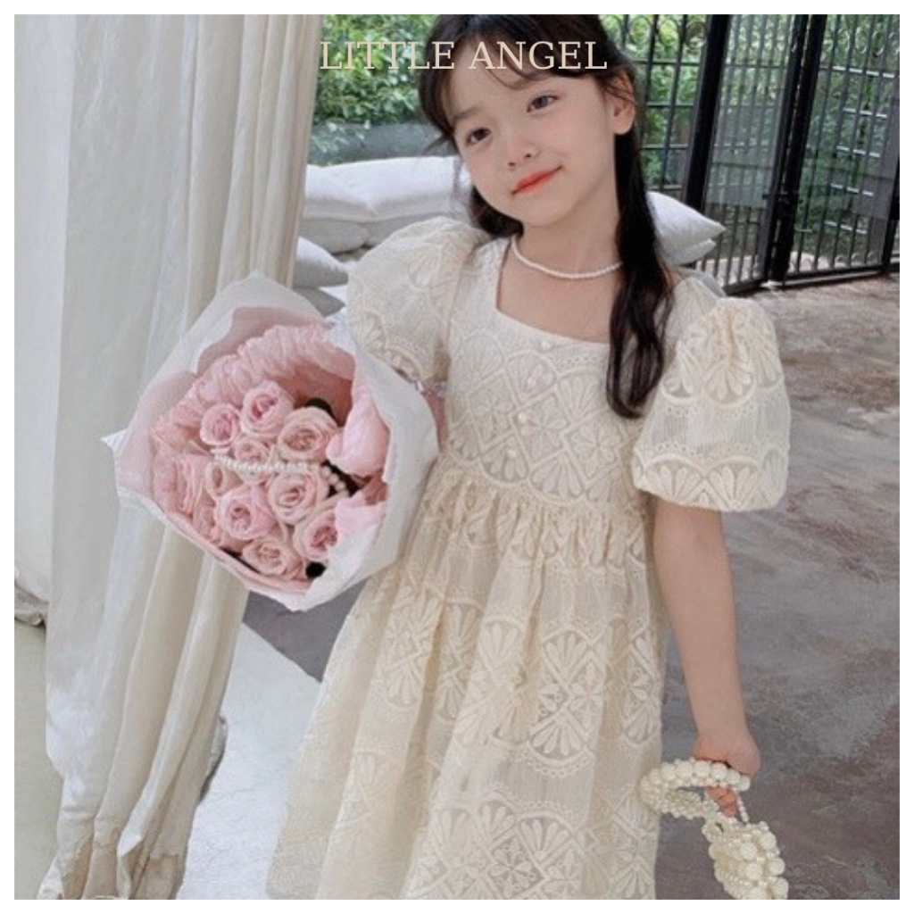 Váy đầm thiết kế tiểu thư cho bé gái hoạ tiết vải ren phối hạt cườm xinh xắn dễ thương size 10-40kg