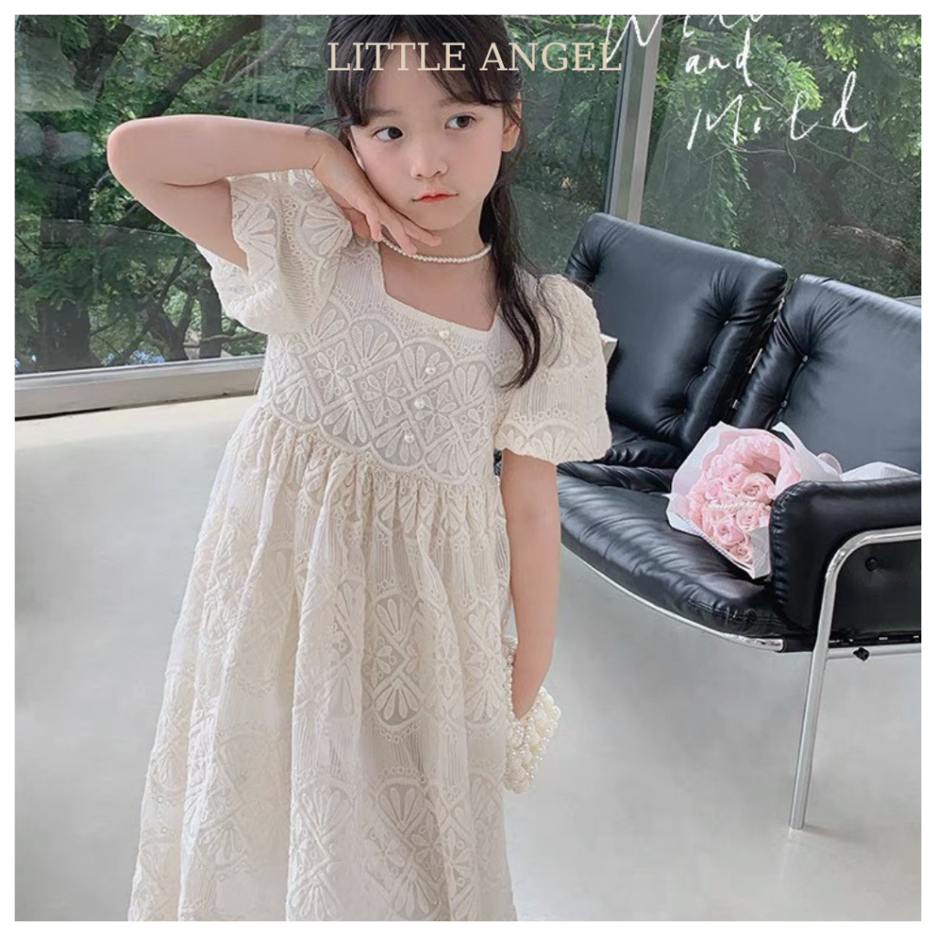 Váy đầm thiết kế tiểu thư cho bé gái hoạ tiết vải ren phối hạt cườm xinh xắn dễ thương size 10-40kg