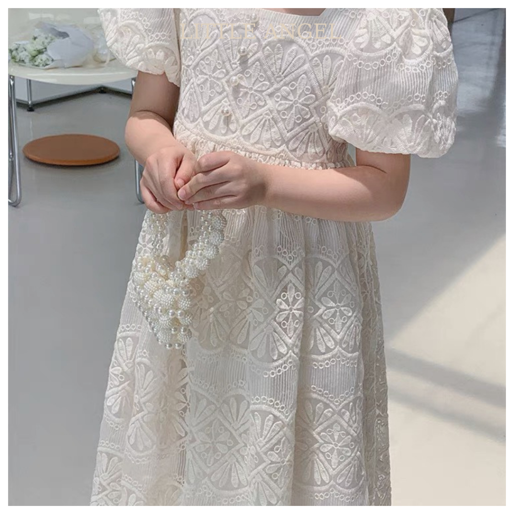 Váy đầm thiết kế tiểu thư cho bé gái hoạ tiết vải ren phối hạt cườm xinh xắn dễ thương size 10-40kg