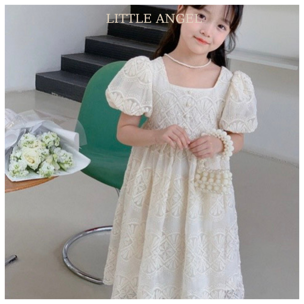 Váy đầm thiết kế tiểu thư cho bé gái hoạ tiết vải ren phối hạt cườm xinh xắn dễ thương size 10-40kg