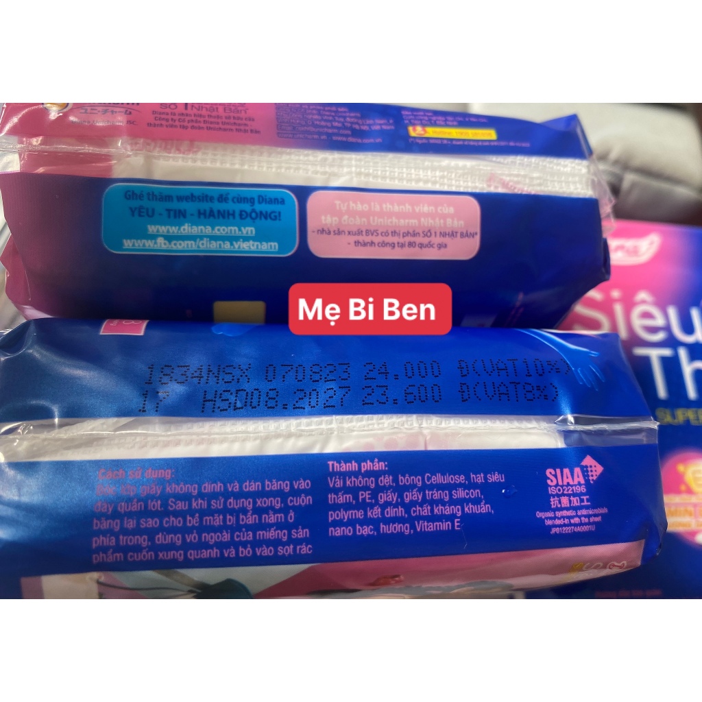 Lốc 6 gói băng vệ sinh Diana siêu thấm siêu mỏng 0.1 gói 8 miếng 23cm mặt lưới