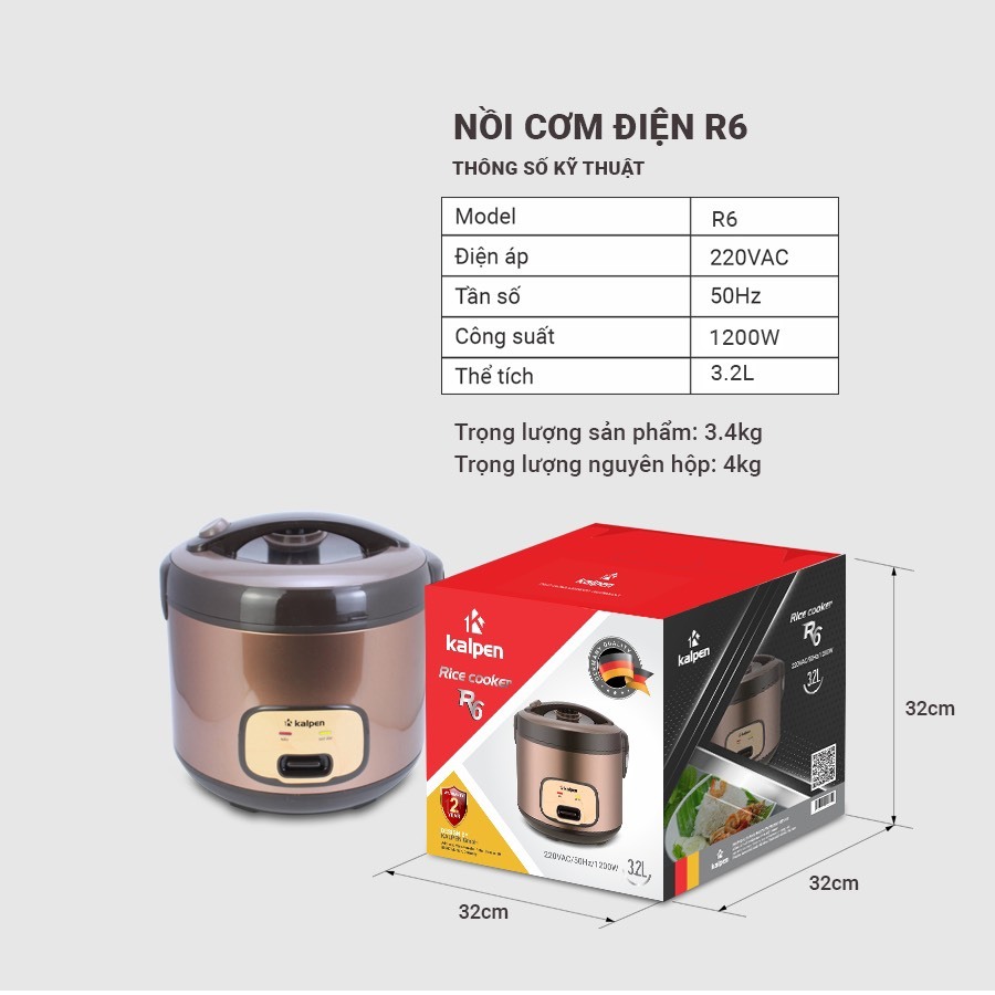 Nồi Cơm Điện Cao Cấp Kalpen R6, 3.2 lít cho giá đình 6-8 người