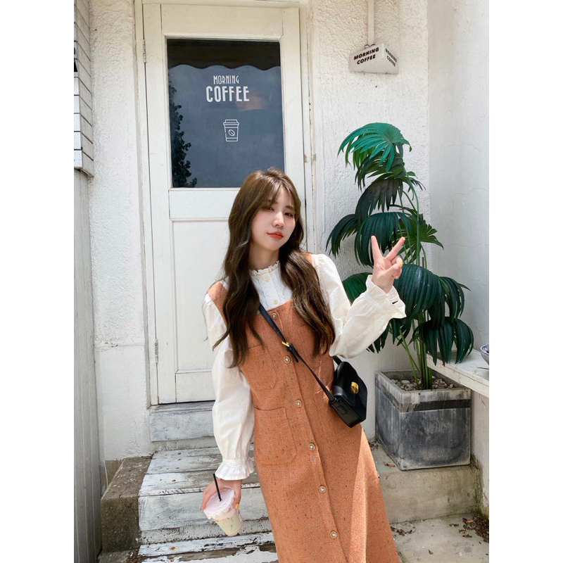 🌷 Set áo sơ mi & váy yếm dài thu đông Váy yếm 2 dây dáng dài