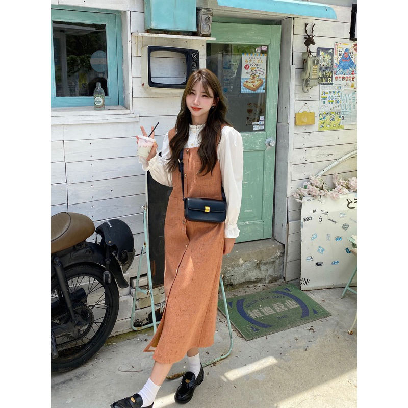 🌷 Set áo sơ mi & váy yếm dài thu đông Váy yếm 2 dây dáng dài