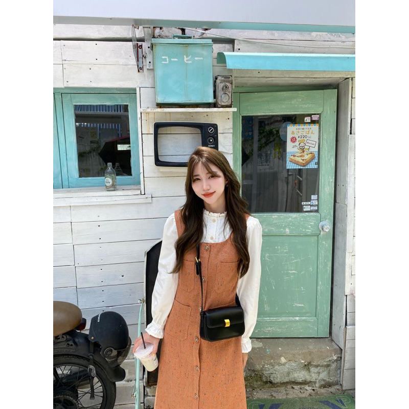 🌷 Set áo sơ mi & váy yếm dài thu đông Váy yếm 2 dây dáng dài