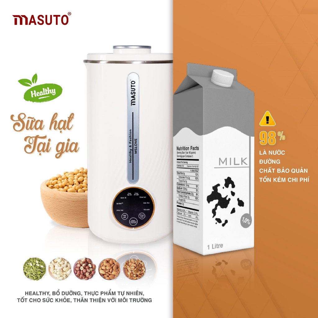 Máy làm sữa hạt mini Masuto Máy nấu sữa hạt đa năng 1L xay các loại hạt siêu nhuyễn mịn chống trào 8 chế độ nấu