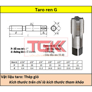 Taro ren ống (Ren thẳng) ren G (1/16", 1/8", 1/4", 3/8", 1/2")