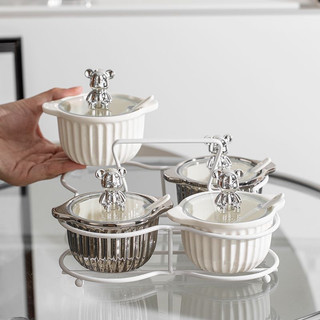 Set khay 4 hũ đựng gia vị gốm inox nắp gấu cao cấp, phong cách Âu Mỹ hiện đại