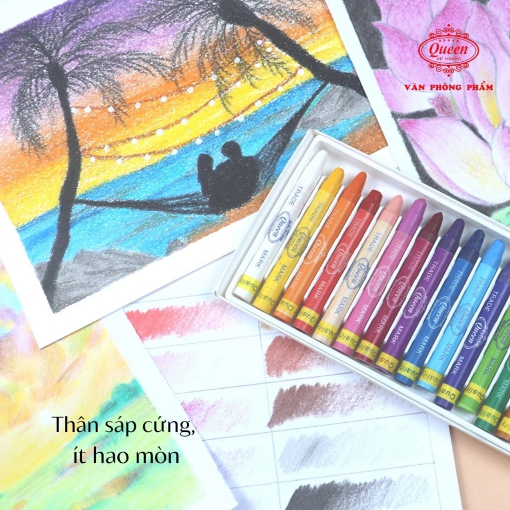 Bút sáp màu Queen  - Hộp giấy 12 màu/18 màu - Chính Hãng - Tặng Sticker Hoạt Hình & Giấy Tô Màu