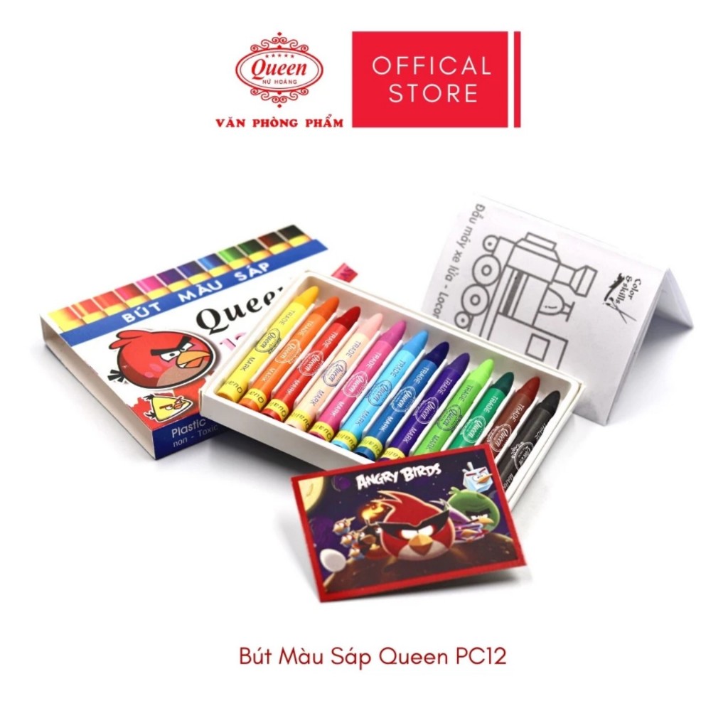 Bút sáp màu Queen  - Hộp giấy 12 màu/18 màu - Chính Hãng - Tặng Sticker Hoạt Hình & Giấy Tô Màu