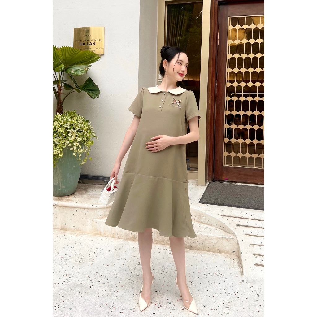 Váy bầu Cata Dress phối cổ sen, đính nơ kiểu dáng basic giấu bụng thiết kế by L'amme