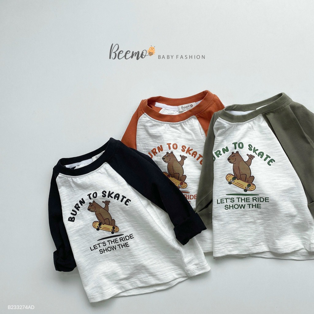 Áo dài tay raglan Beemo cho bé trai in hình gấu vải cotton mềm mại, thấm hút mồ hôi mặc thu đông B23374AD