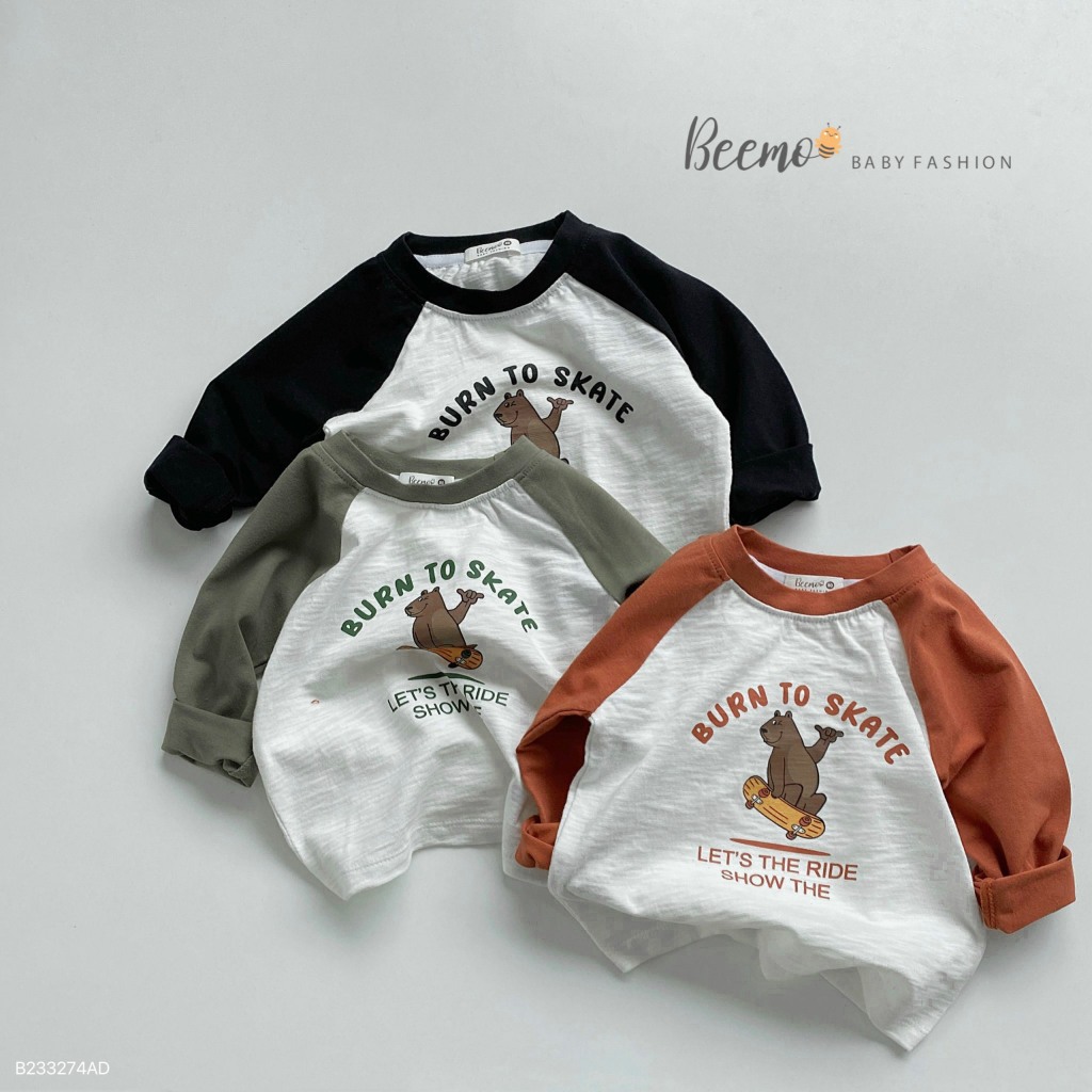 Áo dài tay raglan Beemo cho bé trai in hình gấu vải cotton mềm mại, thấm hút mồ hôi mặc thu đông B23374AD