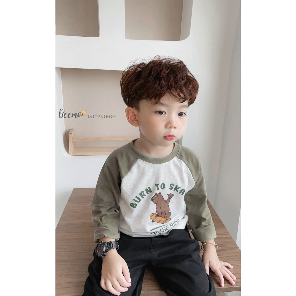 Áo dài tay raglan Beemo cho bé trai in hình gấu vải cotton mềm mại, thấm hút mồ hôi mặc thu đông B23374AD