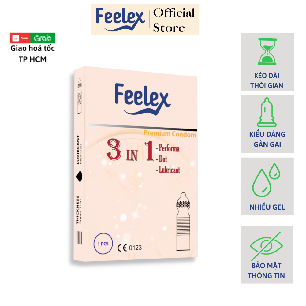 Bao cao su gân gai siêu mỏng Feelex 3 in 1, nhiều gel bôi trơn, cảm giác chân thật - Hộp 01 bcs