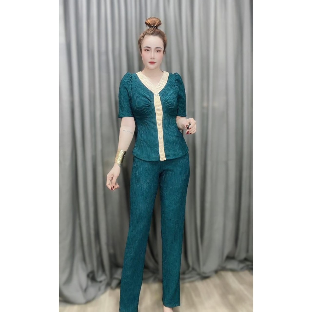 Set Dài Xốp Áo Phối Nút Cổ V Bigsize Mặc Nhà