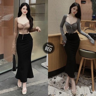 Set áo croptop nhún nơ ngực kèm chân váy dài chất thun dẻo co giãn thích hợp mặc đi tiệc đi làm đi chơi