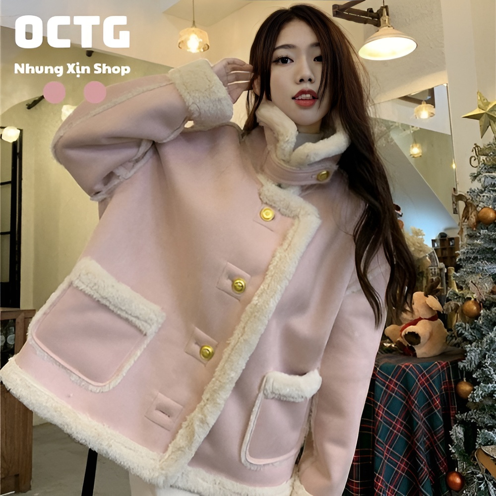 Áo khoác nỉ hồng pastel cúc vàng lót lông cực kỳ mềm mịn dày dặn phong cách Hàn Quốc