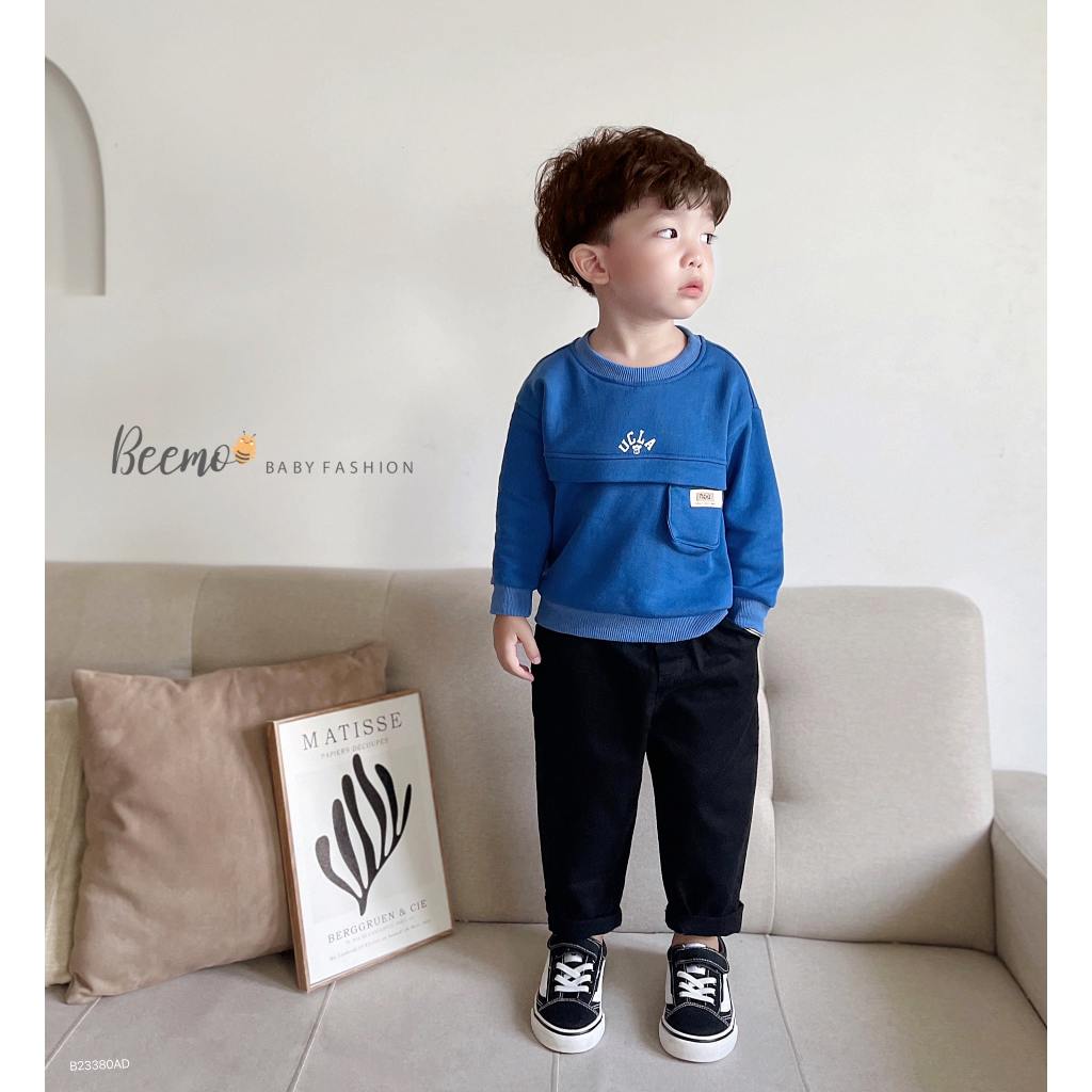 Áo sweater dài tay thân phối túi ngực tag da Beemo cho bé