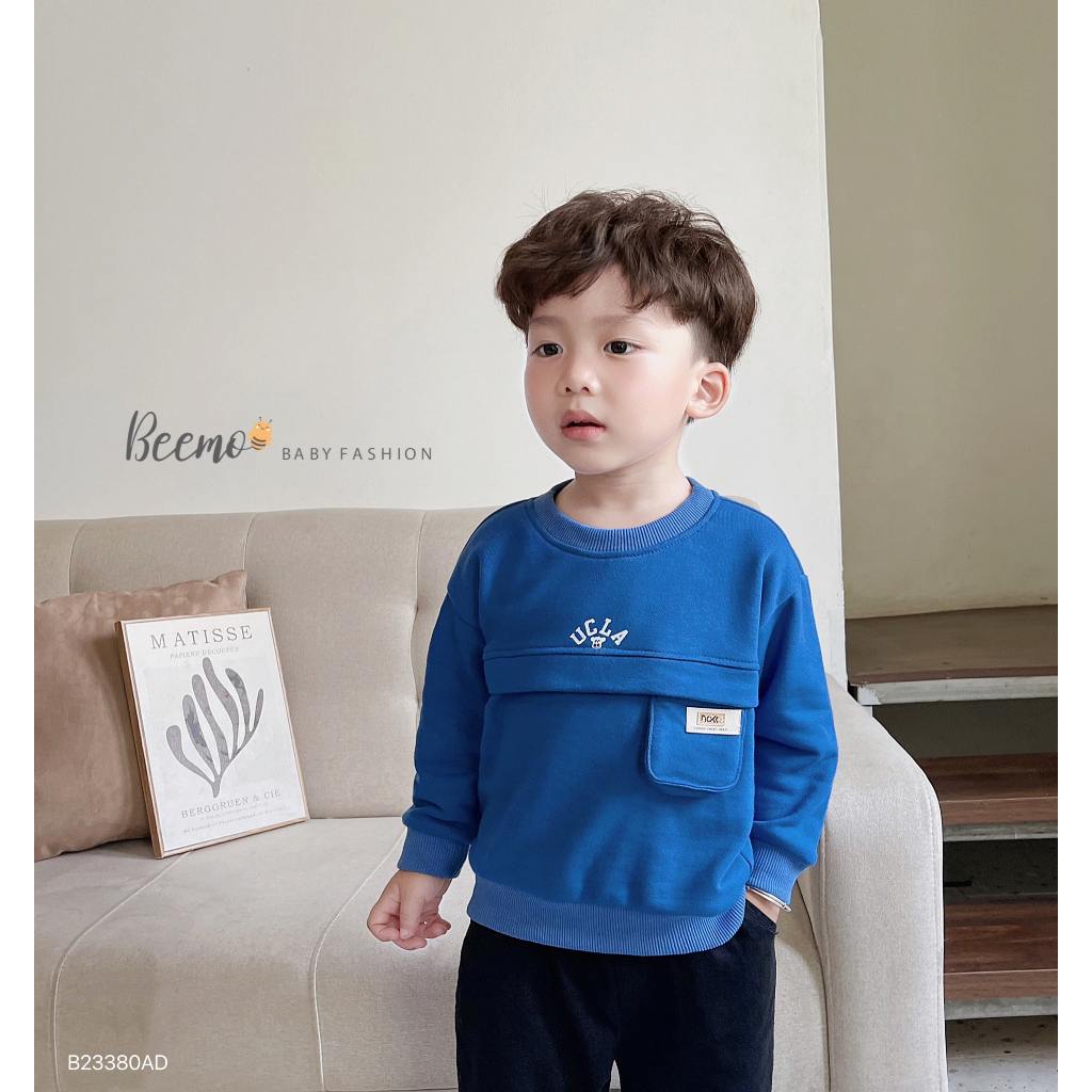 Áo sweater dài tay thân phối túi ngực tag da Beemo cho bé