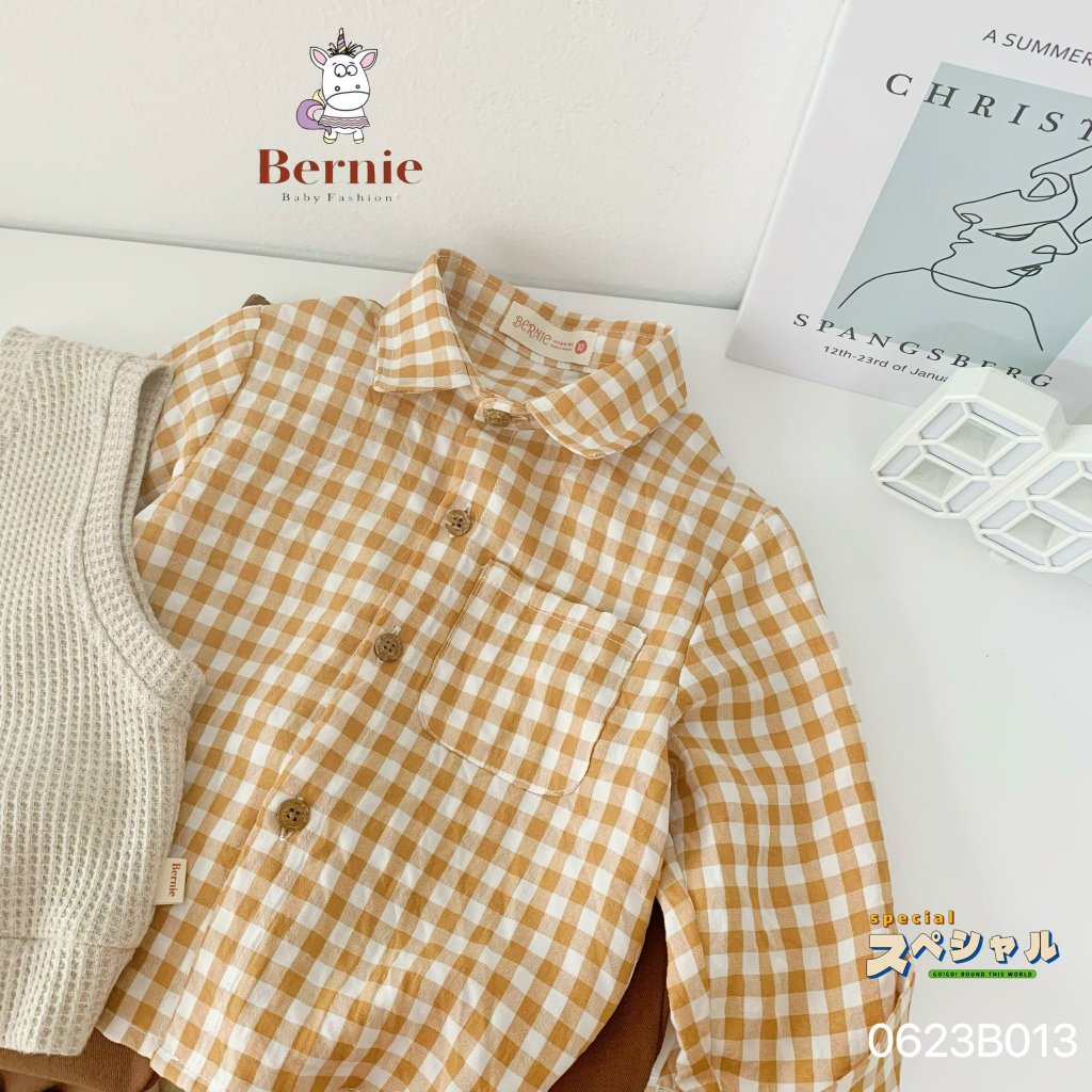 Set gile kẻ 3 chi tiết - áo gile, áo sơ mi dài tay, quần kaki Bernie cho bé