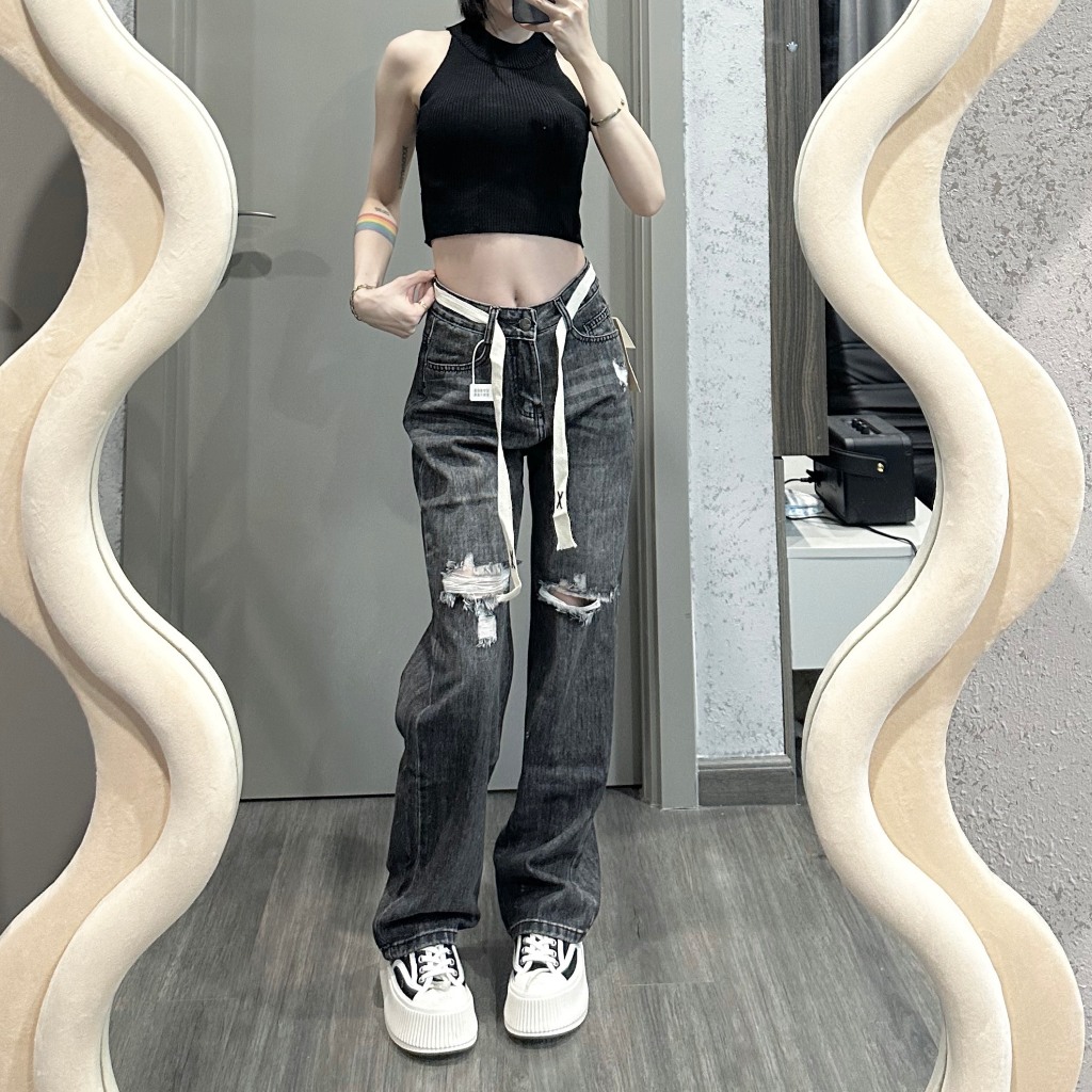 Quần jeans MUS cạp cao dáng suông đứng nữ vải quảng châu cao cấp bóp eo co giãn tốt style Hàn Quốc 88430