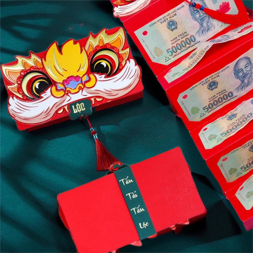 Bao lì xì xếp lớp chia 6 ngăn độc đáo đầu LÂN Sư Tử may mắn tài lộc, bao lì xì tết cao cấp