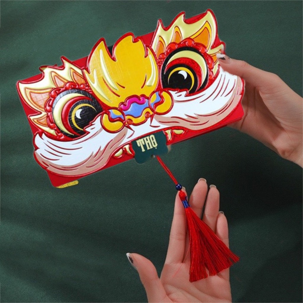 Bao lì xì xếp lớp chia 6 ngăn độc đáo đầu LÂN Sư Tử may mắn tài lộc, bao lì xì tết cao cấp