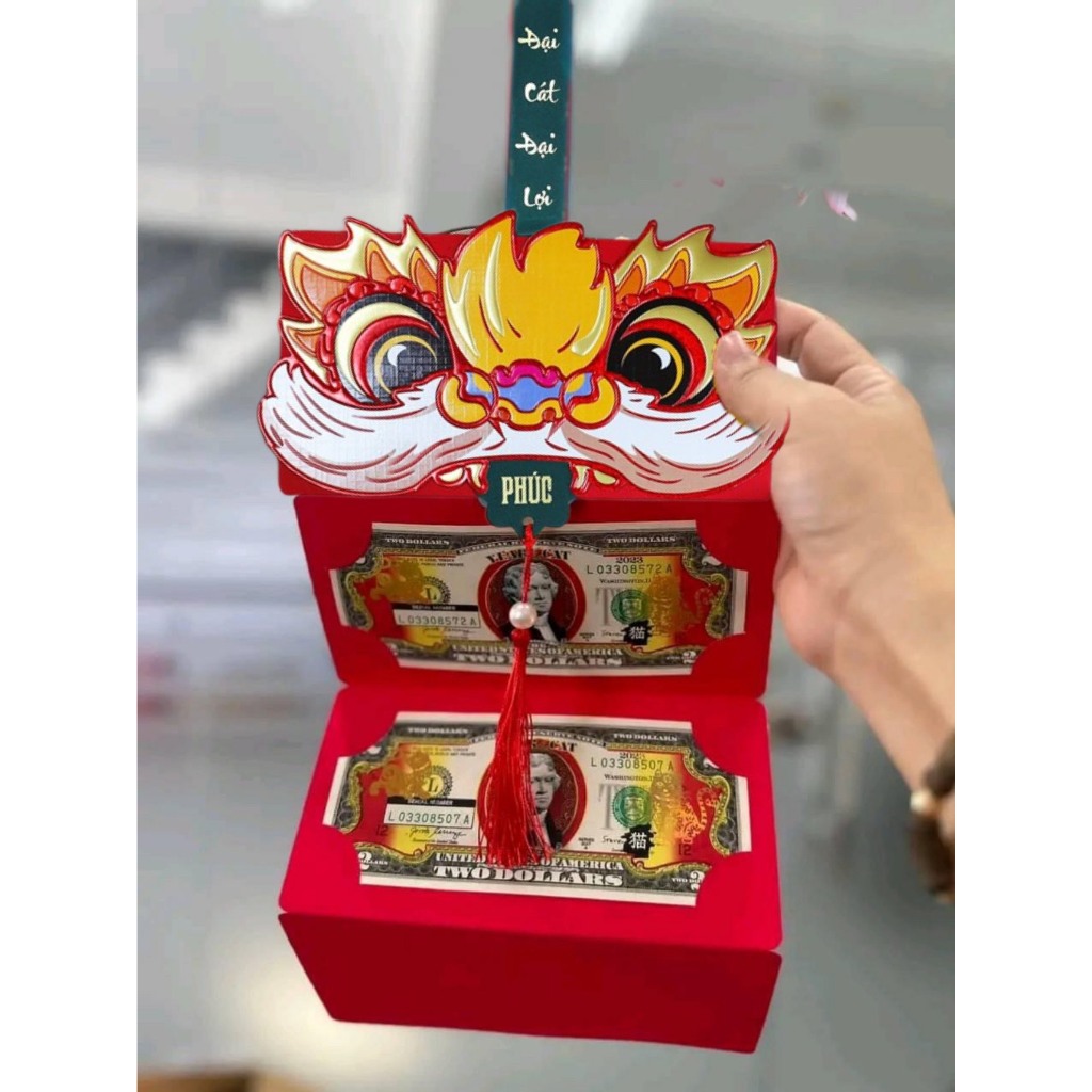 Bao lì xì xếp lớp chia 6 ngăn độc đáo đầu LÂN Sư Tử may mắn tài lộc, bao lì xì tết cao cấp