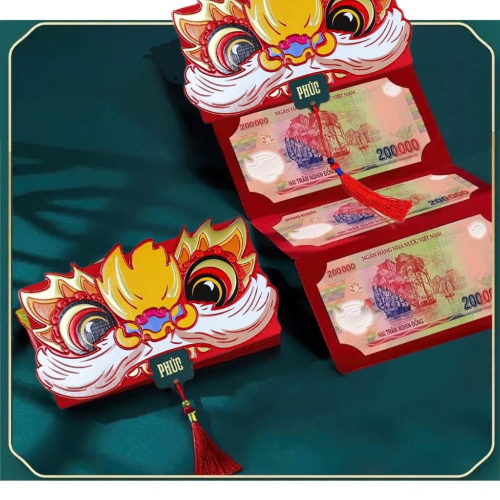 Bao lì xì xếp lớp chia 6 ngăn độc đáo đầu LÂN Sư Tử may mắn tài lộc, bao lì xì tết cao cấp