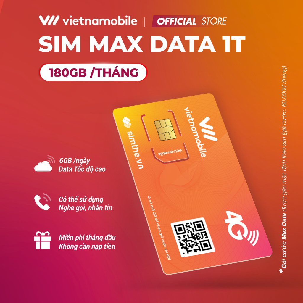 Sim Data 4G Vietnamobile 6GB/Ngày - 180GB/Tháng, Miễn Phí Gói 1 Tháng. Hàng Độc Quyền VIETNAMOBILE - SIMTHE.VN