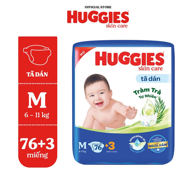 ( Tặng 3 Miếng ) Tã Dán Huggies Skincare Size M - 76 Miếng