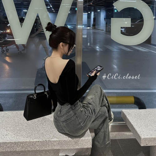 Áo thun nữ dài tay thiết kế hở lưng,Áo thun ôm body dài tay,khoét lưng sexy chất co giãn trẻ trung,cá tính