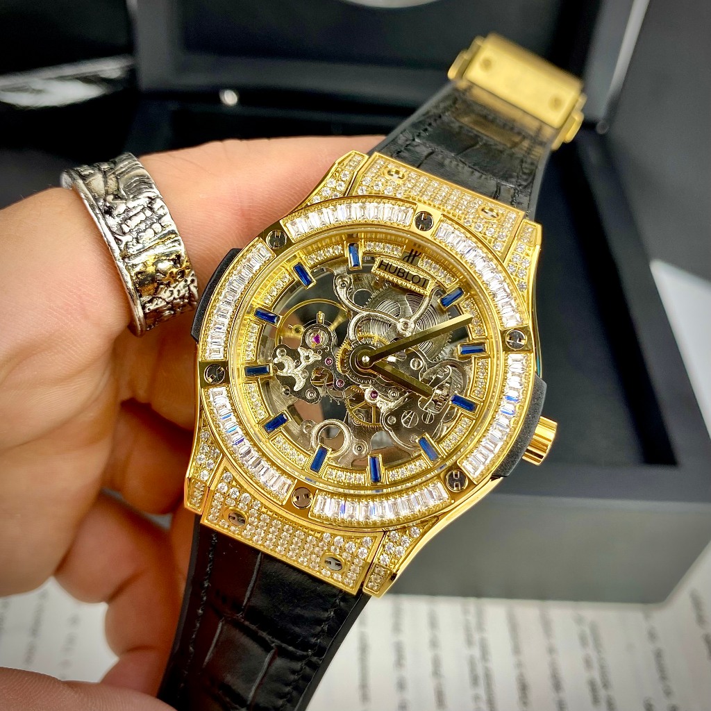 Đồng Hồ Nam HuBIot Sapphire HA89 Mặt Lộ cơ Viền đá 2 hàng Máy cơ Automatic Nhật