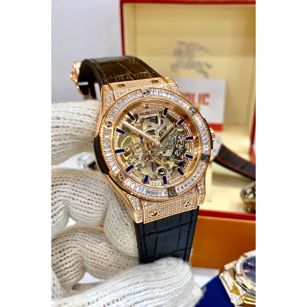 Đồng Hồ Nam HuBIot Sapphire HA89 Mặt Lộ cơ Viền đá 2 hàng Máy cơ Automatic Nhật