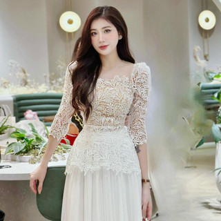 Set Đầm Thiết Kế MAY CH111 Chất Liệu Ren Phối Tơ Có Peplum Che Bụng – Set Váy Thiết Kế Sang Trọng Chuẩn MAY
