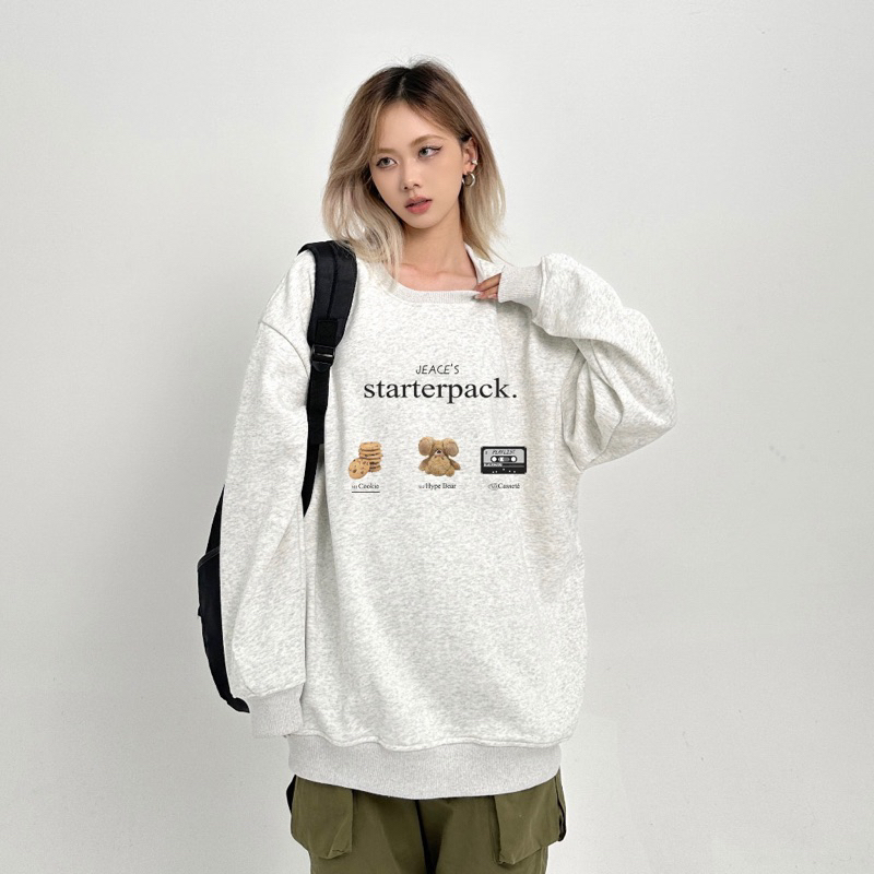 ÁO SWEATER NỈ BÔNG NỮ ÁO DÀI TAY MÀU XÁM TIÊU “STARTERPACK” FORM RỘNG BO CHUN TRẺ TRUNG BASIC