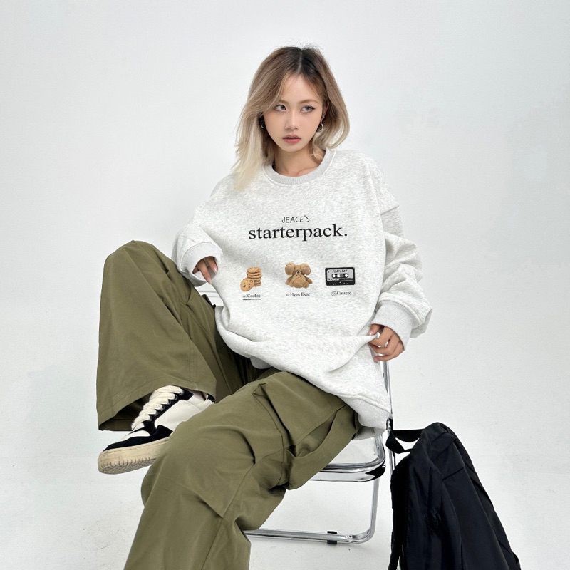 ÁO SWEATER NỈ BÔNG NỮ ÁO DÀI TAY MÀU XÁM TIÊU “STARTERPACK” FORM RỘNG BO CHUN TRẺ TRUNG BASIC