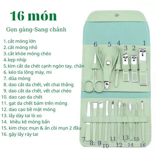 Bộ Bấm móng 16 món Thép không rỉ, Vệ sinh Chăm sóc Tay Chân Da Mặt Tỉa Lông Mũi