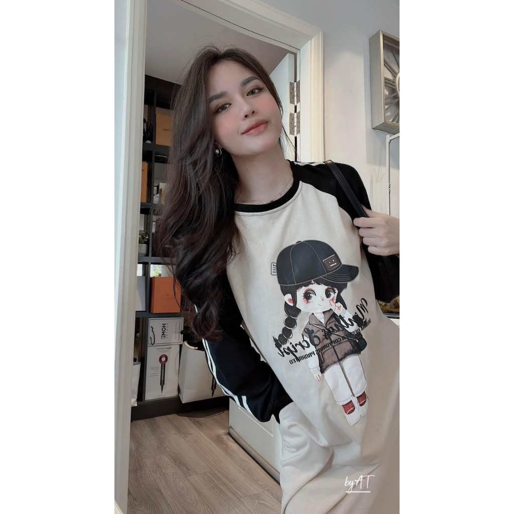 Váy suông dài tay búp bê nữ váy be tay phối đen cô gái Chất nỉ mềm chanh xả lên đồ lịch sự ai mặc cũng hợp