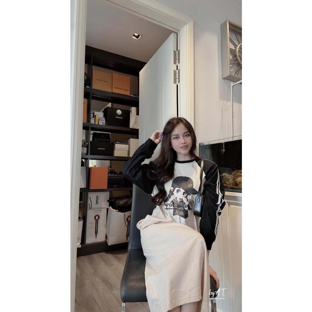 Váy suông dài tay búp bê nữ váy be tay phối đen cô gái Chất nỉ mềm chanh xả lên đồ lịch sự ai mặc cũng hợp