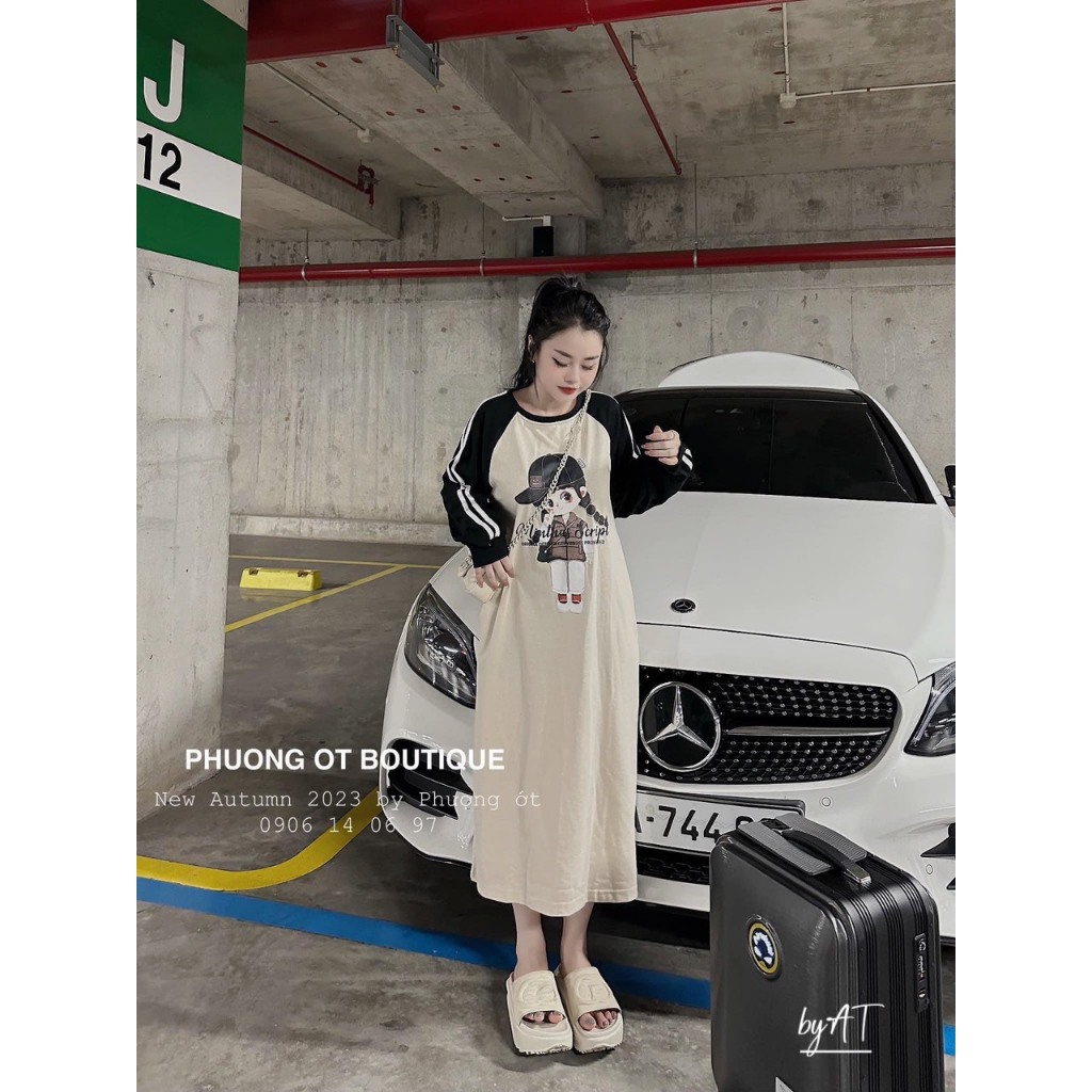 Váy suông dài tay búp bê nữ váy be tay phối đen cô gái Chất nỉ mềm chanh xả lên đồ lịch sự ai mặc cũng hợp