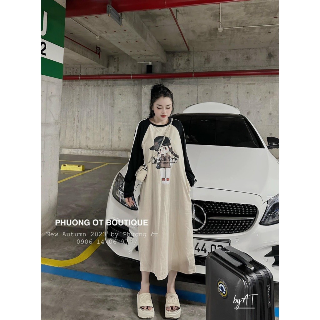 Váy suông dài tay búp bê nữ váy be tay phối đen cô gái Chất nỉ mềm chanh xả lên đồ lịch sự ai mặc cũng hợp