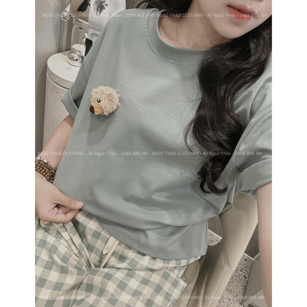 Set nữ áo phông đính gấu phối quần kẻ suông fom thoải mái vận động mặc nhà đi chơi đều xinh
