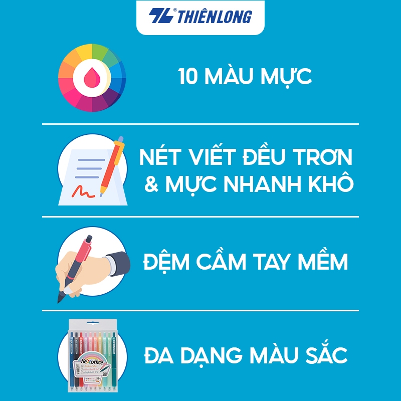 Bút Gel B Thiên Long Flexoffice FO-056 - Mực tiêu chuẩn châu Âu - Túi 10 màu mực - Phù hợp nhu cầu mỹ thuật, đánh dấu