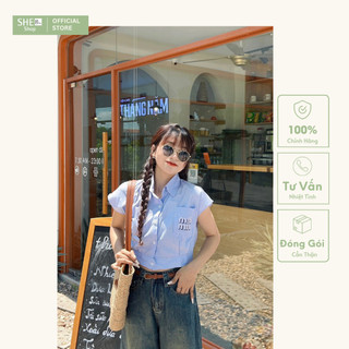 Áo sơmi croptop kẻ tay hến chữ miu, áo sơmi nữ cộc tay she nn