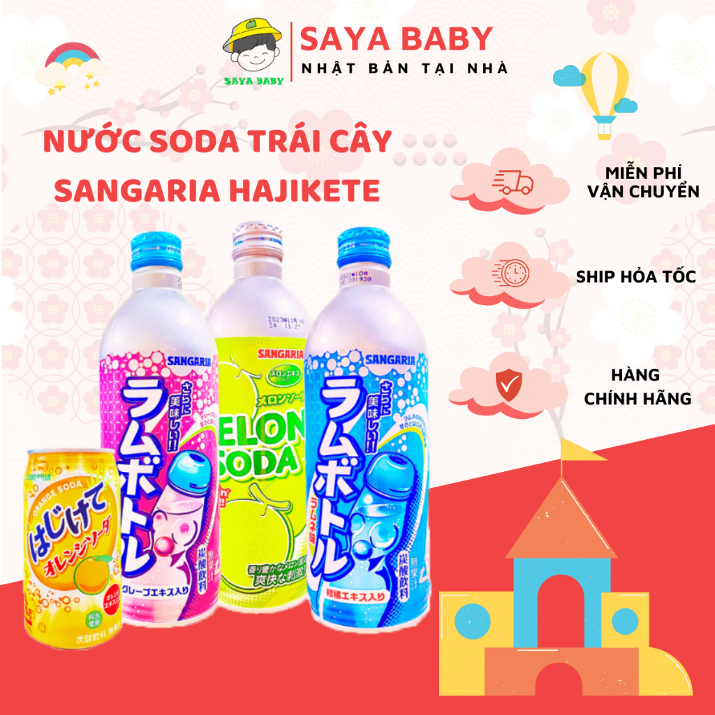 (Date 2024)Nước Soda trái cây có ga Sangaria Hajikete Nhật Bản nhiều vị 350ml/500ml