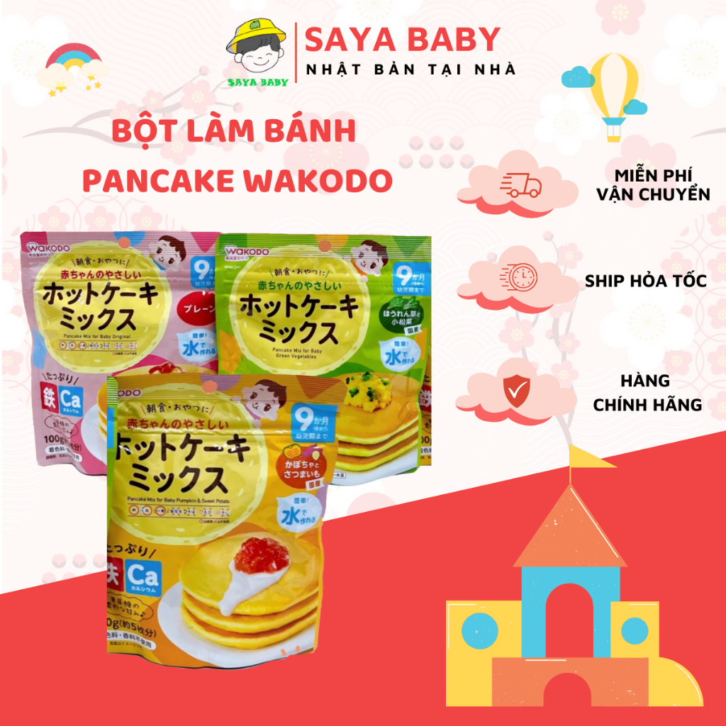 Bột Làm Bánh Pancake Wakodo Nhật Bản đủ vị cho bé ăn dặm 100gr date T10.24