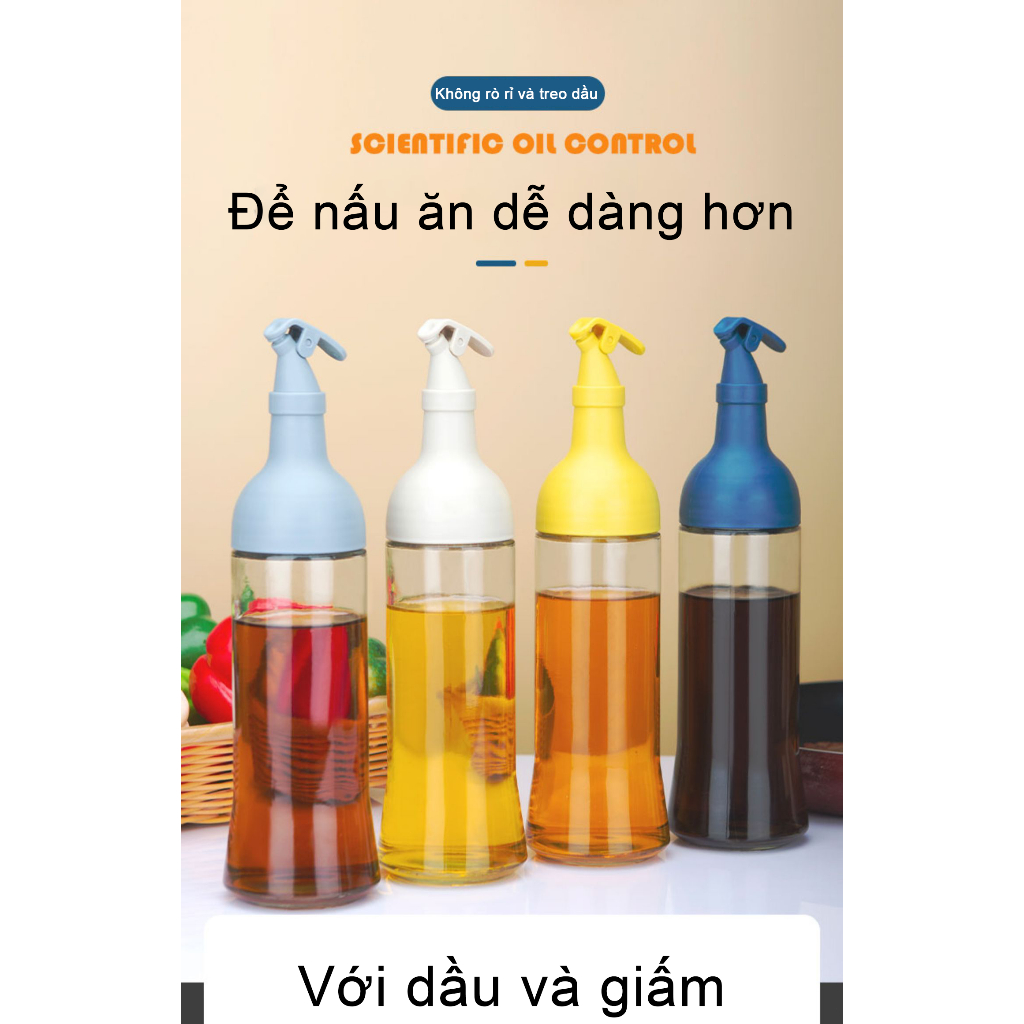 Henry Chai Đựng Dầu Ăn Thuỷ Tinh Nắp Bật Mở, Vòi Nghiêng Chống Tràn, Bình Đựng Dầu Ăn Chiết 500ml